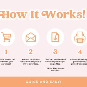 May include: A peach-coloured graphic with the text "How It Works!" and numbered steps. The steps include adding an item to cart, receiving an email, downloading files, and printing. The bottom reads "Quick and Easy!"