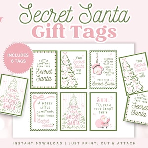 以下が含まれることがあります： ピンクとグリーンの配色が施された、Secret Santaのギフトタグのセット。クリスマスツリーやサンタクロースのイラストなど、お祝いのデザインが特徴で、「Secret Santa」や「メリークリスマス」などのフレーズが添えられています。