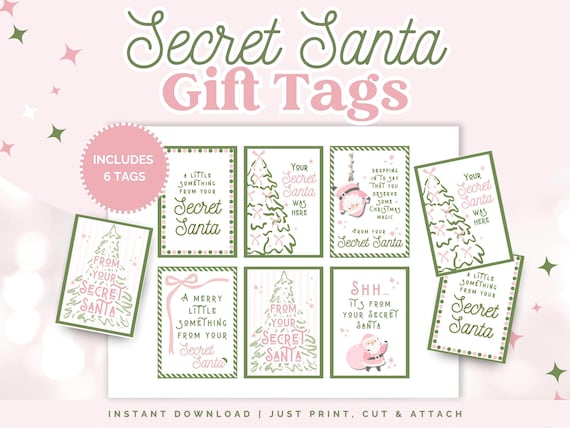 Printable Secret Santa Gift Tags: Set of 6 (Instant Download)