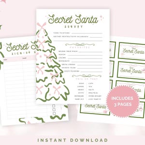 May include: A set of three printable Secret Santa pages in a soft pink and green color scheme. Includes a sign-up sheet, survey, and gift tags. The survey features a Christmas tree design and the text "Secret Santa Survey".