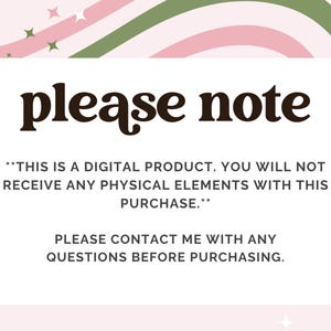 以下が含まれることがあります： 「please note」という言葉が濃い茶色のフォントで書かれたデジタル製品のお知らせ。テキストは、デジタル製品であり、物理的な要素は受け取らないことを明記しています。購入前にご質問がある場合はお問い合わせください。