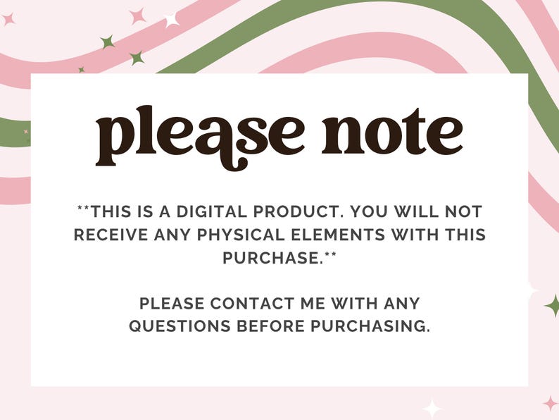 以下が含まれることがあります： 「please note」という言葉が濃い茶色のフォントで書かれたデジタル製品のお知らせ。テキストは、デジタル製品であり、物理的な要素は受け取らないことを明記しています。購入前にご質問がある場合はお問い合わせください。