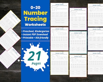 Schede di lavoro per tracciare i numeri da 0 a 20, tracciare i numeri per bambini piccoli, tracciare e scrivere i numeri, esercizi di matematica e conteggio per la scuola materna, scuola materna e asilo nido