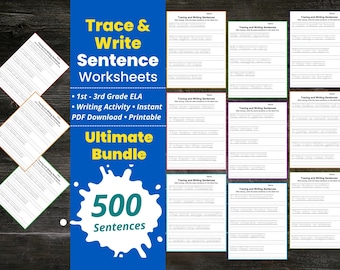 Schede di scrittura di frasi stampabili, Scrivi la frase, Tracciamento di frasi scritte a mano, Attività di pratica di scrittura, Schede ELA per la prima-terza elementare