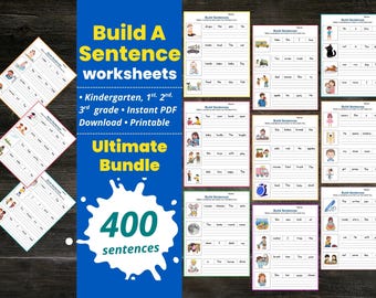Schede di lavoro per costruire frasi, attività di pratica di scrittura di frasi stampabili, creazione di frasi, scheda di lavoro ELA per la scuola materna, prima e seconda elementare