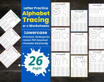 Schede di lavoro per tracciare l'alfabeto minuscolo, tracciare lettere stampabili, alfabeto dalla A alla Z, esercizi di scrittura a mano per bambini in età prescolare e materna, scrittura ABC in PDF