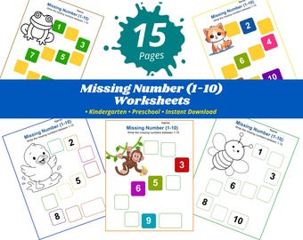 Schede didattiche sui numeri mancanti da 1 a 10 / Conteggio per la scuola materna e l'asilo / Trova e fai pratica con la matematica per la prima elementare / Materiale stampabile da colorare per i bambini che imparano presto