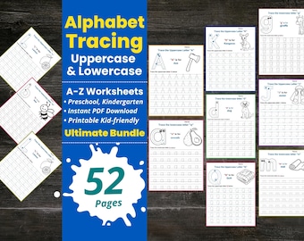 52 fogli di lavoro stampabili per tracciare l'alfabeto / Lettere maiuscole e minuscole / Esercizi di scrittura a mano ABC / Lettere dalla A alla Z per la scuola materna e la scuola materna