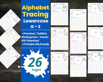 Schede di lavoro stampabili per tracciare l'alfabeto / Esercizi di scrittura a mano con lettere minuscole abc / Lettere per la scuola materna e prescolare / Quaderno di lavoro per la scuola materna a colori