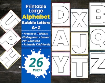 Letras grandes do alfabeto em formato de bolha, letras grandes para imprimir, letras maiúsculas em PDF, para pré-escola, jardim de infância e ensino domiciliar, letras maiúsculas grandes com contorno.