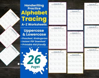 Schede di lavoro per tracciare l'alfabeto maiuscolo-minuscolo, alfabeto dalla A alla Z, scrittura a mano stampabile per la scuola materna e l'asilo, tracciamento delle lettere, scrittura ABC in PDF