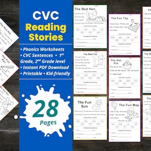 May include: A collection of 28 printable CVC reading stories worksheets for 1st and 2nd grade. The worksheets feature phonics exercises and CVC sentences with illustrations. The text includes "CVC Reading Stories" and "Instant PDF Download".