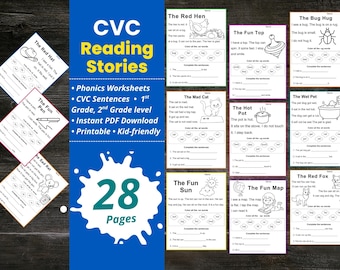 Storie di lettura CVC, schede di esercizi di fonetica per la scuola materna, frasi CVC per la prima elementare, parole CVC, comprensione CVC, principianti di fonetica CVC