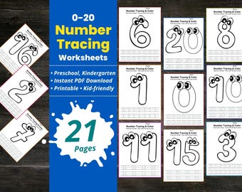 Schede di lavoro per tracciare i numeri da 0 a 20, tracciare i numeri per la scuola materna, scuola materna, esercizi di scrittura a mano stampabili, numeri tracciabili, matematica e conteggio