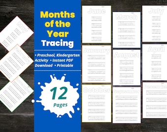 Foglio di lavoro stampabile per tracciare i mesi dell'anno, foglio di lavoro per il calendario della scuola materna, esercizi di scrittura a mano, mesi da colorare, tracciare e scrivere