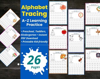 Schede di lavoro sull'alfabeto dalla A alla Z stampabili per bambini / Esercizi di scrittura a mano / Maiuscole per la scuola materna e l'asilo / Attività di riconoscimento delle lettere