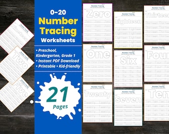 Schede di lavoro per tracciare i numeri da 0 a 20, esercizi di tracciamento dei numeri stampabili, esercizi di matematica e conteggio per la scuola materna e l'asilo, esercizi di scrittura a mano