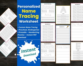 Pagina di tracciamento del nome personalizzato, foglio di lavoro per il tracciamento del nome personalizzato, esercizi di scrittura a mano per la scuola materna, PDF stampabile per il tracciamento del nome, foglio di lavoro per il nome