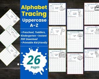 Schede di lavoro stampabili per tracciare l'alfabeto / Esercizi di scrittura a mano in maiuscolo ABC / Lettere per la scuola materna e prescolare / Quaderno di lavoro a colori per la scuola domestica