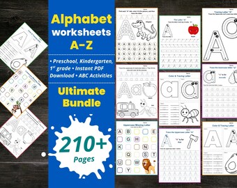 Schede didattiche stampabili sull'alfabeto, programma scolastico prescolare, esercizi di scrittura a mano per l'asilo, maiuscole e minuscole, attività di tracciamento dell'alfabeto per bambini piccoli