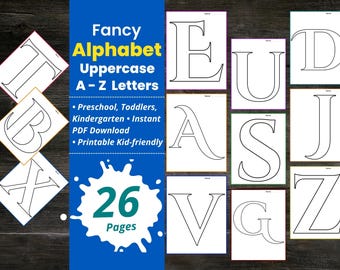 Schede didattiche con lettere dell'alfabeto fantasiose, scrittura a mano fantasiosa, lettere grandi stampabili, scuola materna, scuola materna, lettera maiuscola grande