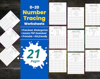 Schede di lavoro per tracciare i numeri da 1 a 20 stampabili, esercizi di tracciamento dei numeri per la scuola materna, esercizi di matematica e conteggio per la scuola materna, traccia e scrivi i numeri