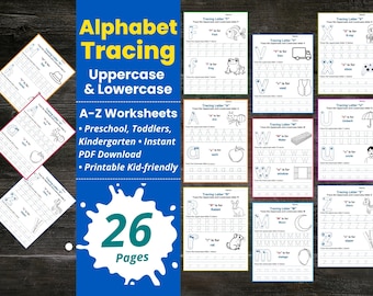 Hojas de trabajo imprimibles para trazar el alfabeto en PDF para niños / Práctica de escritura a mano para colorear en preescolar y jardín de infantes / Letras mayúsculas y minúsculas de la A a la Z