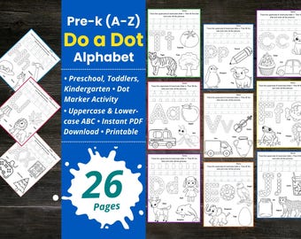 Schede didattiche stampabili con l'alfabeto "Do A DOT" / Pagine da colorare con lettere con punti dalla A alla Z / ABC maiuscolo minuscolo / Attività per bambini, bambini piccoli e scuola materna