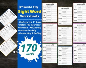 Schede di lavoro stampabili sulle parole a vista, esercizi sulle parole a vista di Fry Hundred, scuola materna, tracciamento delle parole a vista per la prima elementare, scrittura a mano e ortografia per la scuola materna