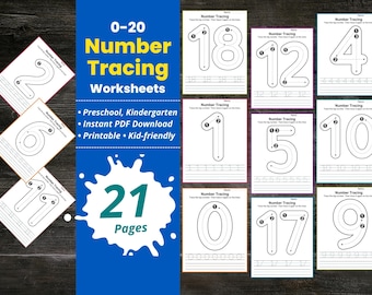 Schede di lavoro per tracciare i numeri da 0 a 20, tracciare e scrivere i numeri, esercizi di matematica e conteggio per la scuola materna, scuola materna, esercizi di scrittura a mano stampabili