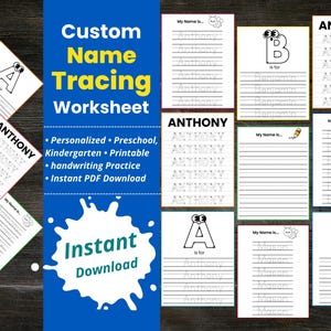 May include: A collection of printable custom name tracing worksheets for preschool and kindergarten. The worksheets feature the name "Anthony", along with other names, and the letters A, B, and S. The image also includes the text "Custom Name Tracing Worksheet" and "Instant Download".