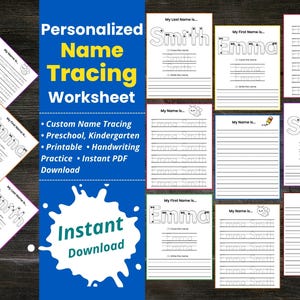 May include: A collection of personalized name tracing worksheets for preschool and kindergarten. The worksheets feature the names "Smith" and "Emma" in a traceable format, with space for handwriting practice. The image also includes the text "Personalized Name Tracing Worksheet" and "Instant Download".