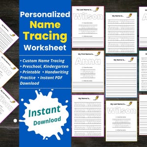 Może przedstawiać: Niebiesko-biała grafika promująca spersonalizowany arkusz śledzenia nazwisk. Tekst brzmi "Personalized Name Tracing Worksheet" ze szczegółami dotyczącymi śledzenia niestandardowych nazw, przedszkola, przedszkola, praktyki pisania odręcznego do wydruku i natychmiastowego pobierania plików PDF. Pokazano arkusze z nazwiskami "Anna" i "Wilson".