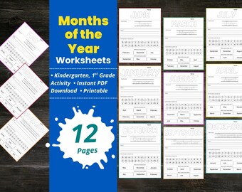 Foglio di lavoro per tracciare i mesi dell'anno, foglio di lavoro stampabile per il calendario della scuola materna, esercizi di scrittura a mano, mesi da colorare, tracciare e scrivere