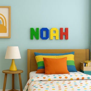 Personalised Lego Inspired Kids Room Decor – Colourful Brick Letters – Shelf Display – Gift for Boys & Girls