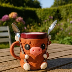 Highland Kuh Eis Pint Halter - Süßer Kuh Cozy mit Löffel Haltern - Personalisiertes lustiges Geschenk für Eis Liebhaber