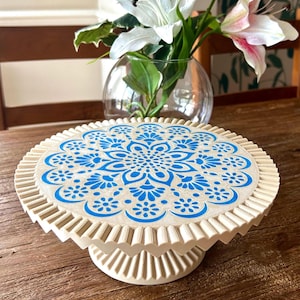 White Cake Stand with Blue Mandala Design – Boho Pedestal Dessert Display - Weddings, Baby Shower, Birthday Party Decor, Aternoon Tea - Gift