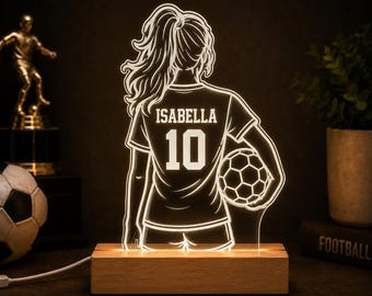 Personalised Girl Football Player Night Light | Custom Name & Number LED Lamp