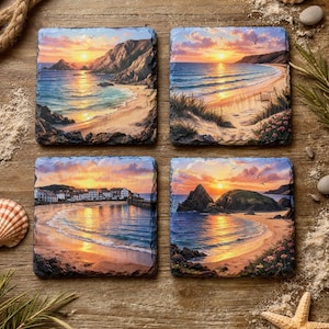 Sottobicchieri in ardesia con scena di spiaggia e mare / Set di 4 sottobicchieri nautici incisi