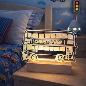 Personalised Bus Night Light for Kids | Custom Name LED Lamp | Transport Bedroom Decor