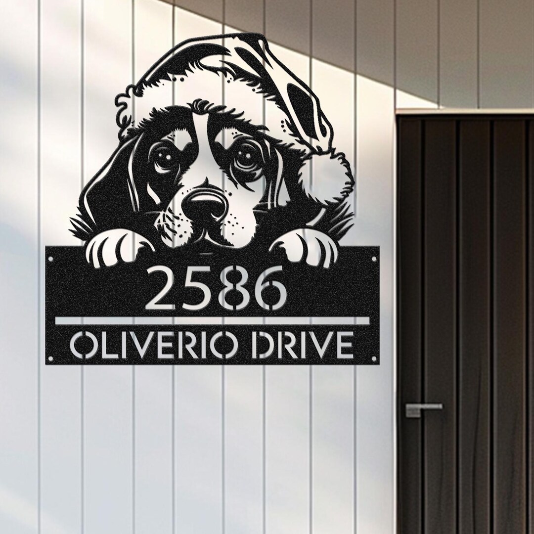 Custom Address Signage, Personalized Beagle Dog Wearing Santa Hat ...