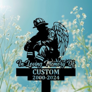 Custom Fireman Memorial Metal Stake, Firefighter with Wings in Heaven Grave Maker, Firefighter Memorial Plaque with Stake.