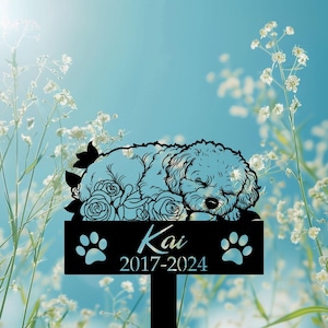 Custom Dog Metal Memorial Stake, Personalized Bichon Frise Sleeping on Rose Flowers Grave Marker, Remembrance Stake Decor, Dog Loss Gift