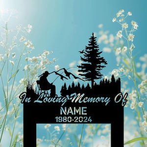 Personalized Fisherman Grave Marker, Custom Fishing Memorial Sign with Mountain Scene, Outdoor Lake Tribute Garden Stake.