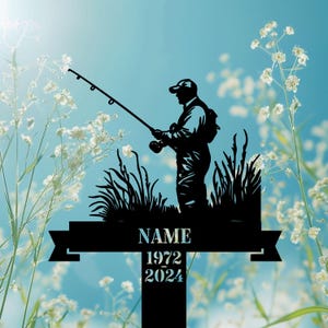 Personalized Fishing Memorial Stake Metal, Peaceful Sitting Fisherman Silhouette For Outdoor Tribute, Memorial Garden Stake.