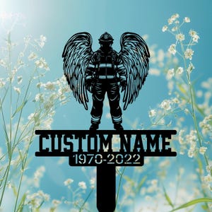 Custom Fireman Memorial Metal Stake, Fireman with Wings Standing Grave Maker, Firefighter Memorial Plaque with Stake, Fireman Cemetery Stake