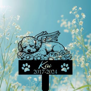 Custom Dog Metal Memorial Stake, Personalized  Angel Bichon Frise Sleeping on Flowers Grave Marker, Remembrance Stake Decor, Dog Loss Gift