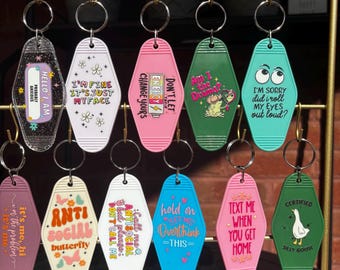 Retro Hotel Keychain with Funny Theme, Plastic Motel Keychain
