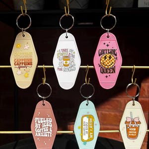 レトロなホテルのキーホルダー（コーヒーテーマ）、プラスチック製モーテルキーホルダー