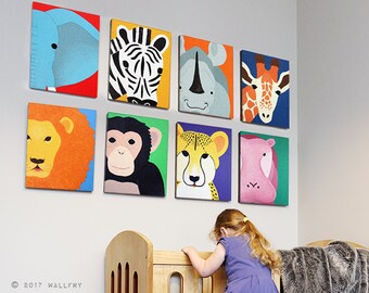 Nursery decor, SET OF 8 safari animal canvas wrap series. African animal zoo animal canvas wall art for kids. Safari series by WallFry.